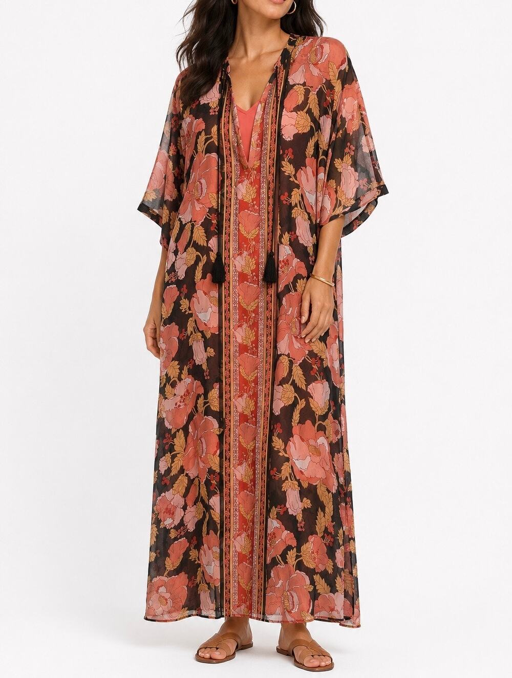 Eva Mendes NY&C Black Coral Floral Sheer Caftan Maxi Dress Beach Coverup XS/S